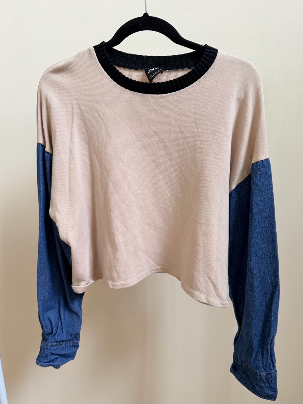 Zara denim sleeve crewneck sweatshirt beige Sz S